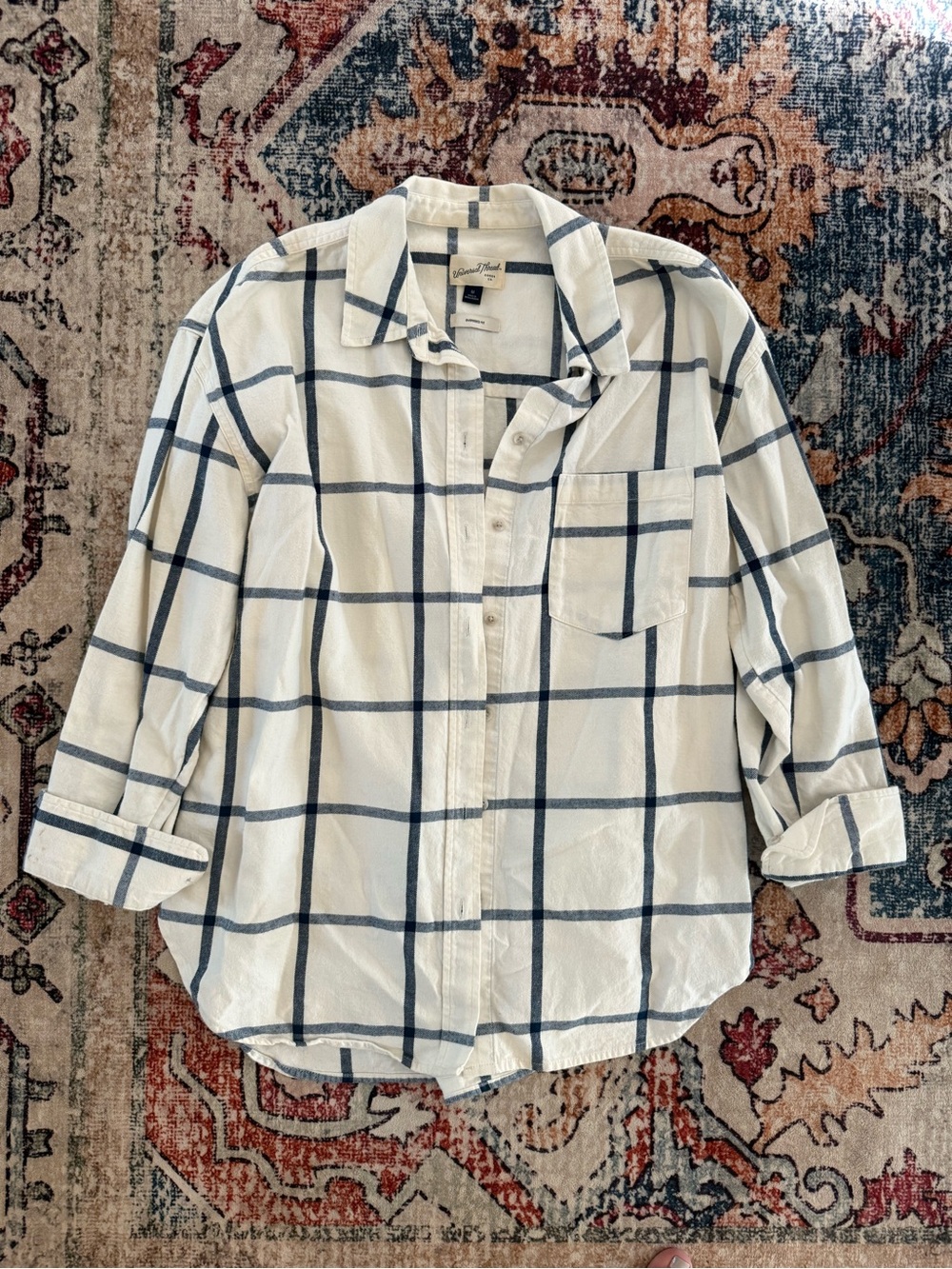 Universal Thread Oversized Fit White and Navy Windowpane Button-Down Shirt